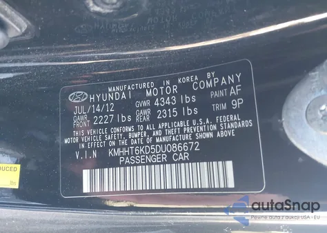 2013 Hyundai Genesis 2.0T z USA, uszkodzony, nr VIN KMHHT6KD5DU086672